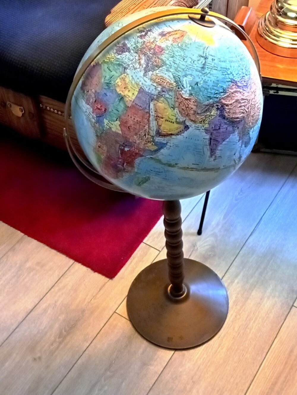Antique Vintage 34" Blue Ocean Floor Globe with Walnut + Metal Pedestal Stand